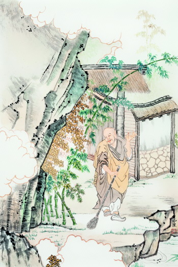 淡设色小写意作品《扫地僧》,创作时间:2014年